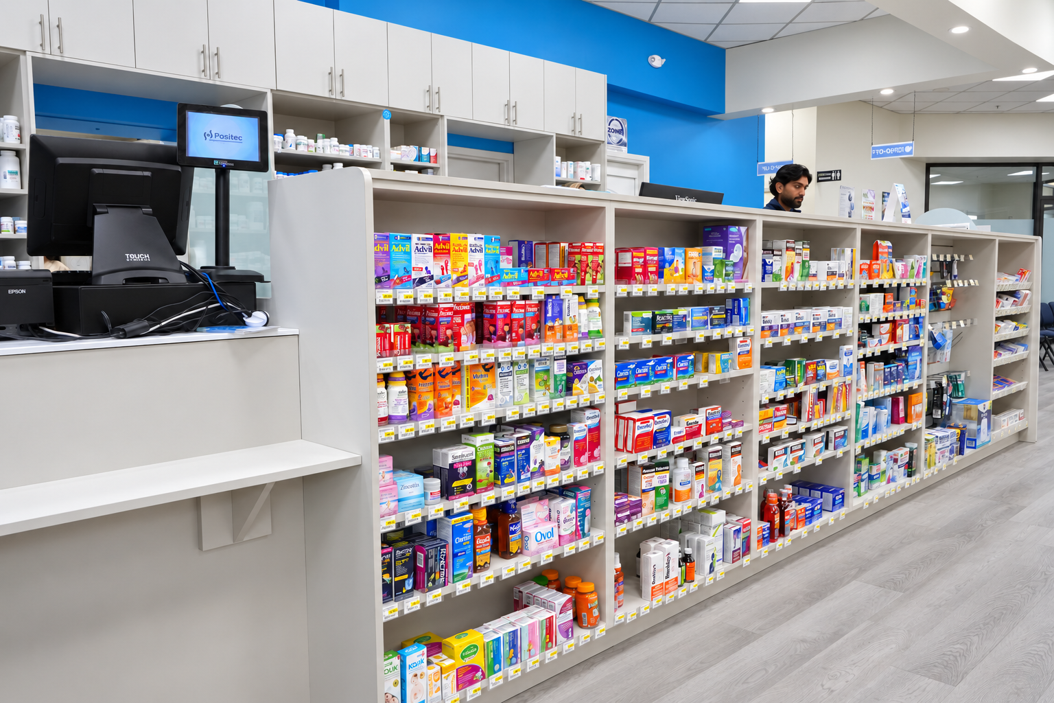 Medication shelves on the pharmacy floor at Barrie Peoples Pharmacy